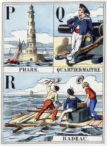 Lettres P comme phare, Q comme quartier-maître, R comme radeau. Abécédaire de la marine de 16 pages contenant un alphabet en lettres capitales. Imagerie d