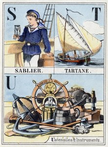 Lettres S comme sablier, T comme tartane, U comme ustensiles et instruments. Abécédaire de la marine de 16 pages contenant un alphabet en lettres capitales. Imagerie d