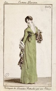 Redingote levantine fermée par une écharpe, planche de mode des Costumes Parisiens, 1810