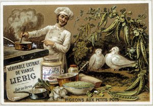 Recettes Liébig : pigeons aux petits pois - chromo.
