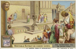 Carte Liebig représentant une représentation du théâtre grec antique