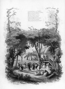 Chanson de Lisette. Fête et danse dans un village à la campagne. Gravure dans "Chants et chansons populaires de la France", Tome 2
