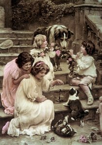 Petits enfants jouant avec des chiens Carte postale colorée du début du 20e siècle (photo)