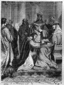 Lothaire Ier (795-855) aux pieds du pape Adrien II (792-872). Gravure dans « Histoire des Papes-Rois-Reines et Empereurs à travers les siècles » de Maurice Lachatre. - French School
