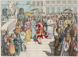 Louis XIV (Louis 14) et sa cour à Versailles - Louis XIV de France et sa cour à Versailles - Gravure de la fin du 19e siècle dans «Nos Gires Nationales - Images et récits» - French School