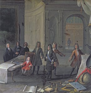 Louis XIV assistant à une leçon de son arrière-petit-fils, le futur Louis XV, vers 1715