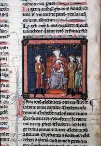 MS.782 Childeric II (c.650-675), Clodomir (c.495-524) et peut-être Théodoric, représentés sous la protection du roi Clotaire Ier (c.497-561), assis sur un trône, miniature des Chroniques de Saint-Denis (vélin)