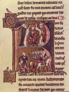 Initiale historiée R représentant le roi Baudouin Ier de Flandre (1171-1205) couronné empereur latin en 1204 et sa générosité envers une femme turque envoyant son enfant - French School