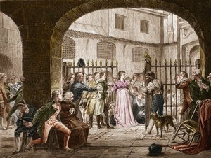 Madame Jeanne Marie Roland de la Platière (1754-1793), femme politique française devant le Tribunal révolutionnaire en 1793. Gravure d