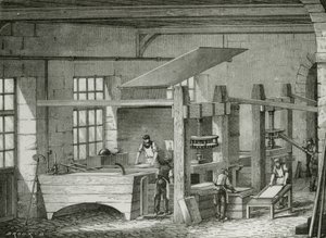 Fabrication de papier à la main par tamisage de la pâte. Gravure vers 1870.