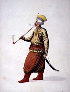 Homme fumant une pipe, période ottomane, troisième quart du 18ème siècle (aquarelle sur papier)