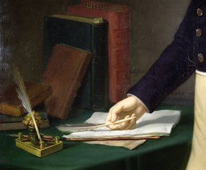 Homme tenant un stylo dans sa main droite, vers 1830-40