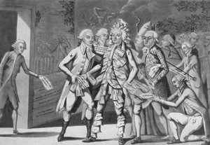 Homme en assignats :... groupe de députés cherchant un Brissoter (Jacques Pierre Brissot de Warville 1754-1793) Anonyme. Estampe. 1791 - French School