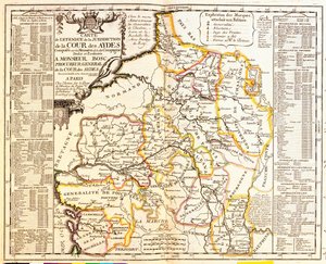 Carte des territoires français sous impôt, 1709, de Le Theatre du Monde par Jean-Baptiste Nolin, publié en 1717 (gravure en couleur)