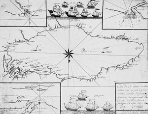 Carte du lac Ontario avec les flottes anglaise et française - French School
