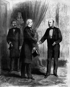 Le maréchal Patrice de Mac Mahon (1808-1893) félicite son successeur à la présidence de la République française, Jules Grévy (1807-1892). Gravure dans "Le Monde Illustré" n°1141 du 8 février