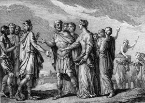 Mariage de Clovis Ier (466-511), roi des Francs, avec Clotilde (Sainte Clotilde, ca. 475-545) en 493. Gravure du 18ème siècle. - French School