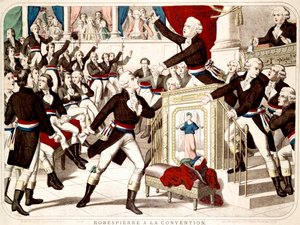 Maximilien Robespierre à la Convention (Séance du 19 Thermidor 1794), Jean Lambert Tallian menace Robespierre avec un couteau - Gravure populaire de l