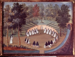 Réunion de religieuses à Port Royal des Champs dans une conférence en solitude. Peinture anonyme du 18ème siècle. Port Royal, musée des Granges