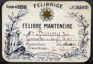 Carte de membre de Jan Baussy au Félibrige, Association Félibréenne