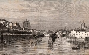 Metz - vue du port Saint-Georges - Moselle - gravure dans "La France illustrée: géographie, histoire, administration statistique" par V.A. Malte-Brun. 1884