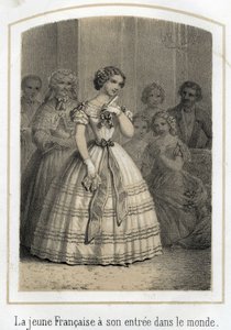 Mondanité : la jeune Française fait son entrée dans le monde. Elle est admirée de tous. Gravure anonyme du XIXe siècle - French School