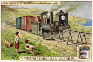 Train monorail en Irlande, carte publicitaire pour Véritable Extrait de Viande Liebig