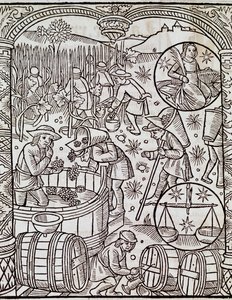 Mois de la récolte, avec signes du zodiaque Vierge et Balance, gravure du Grand calendrier des bergers, France - French School