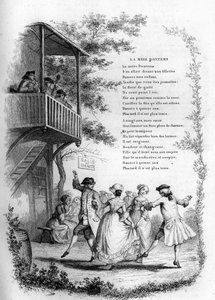 Mère Bontems (Bontemps). Danse de jeunes couples dans un village avec des musiciens sur le balcon. Gravure dans « Chants et chansons populaires de la France », Tome 2