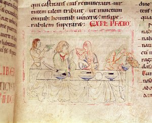 Ms.1215 t.3 fol.158v, Repas avec Judith et Holopherne, de la Bible d