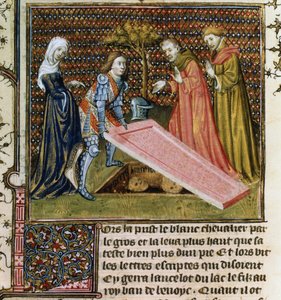 Lancelot soulève la pierre de sa propre tombe prédestinée et apprend son nom et sa parenté, du Livre de Messire Lancelot du Lac