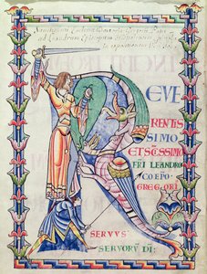 Initiale historiée R représentant un chevalier combattant un dragon, du Moralia in Job par le pape Grégoire le Grand