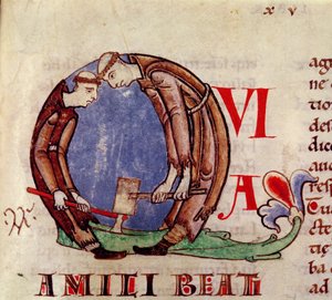 Ms 170 fol.59 Initiale historiée Q représentant des moines coupant du bois, de Moralia in Job par le Pape Grégoire le Grand