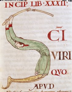 Ms 173 fol.148r Initiale historiée S représentant un homme battant le grain, de Moralia in Job par le Pape Grégoire le Grand