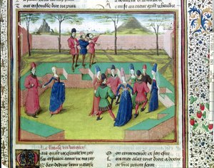 Ms 19153 f.7 Une Carole dans le verger, illustration de Le Roman de la Rose par Jean de Meung, c.1460