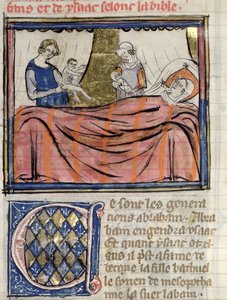 Ms 22 fol.30 La Naissance des jumeaux Jacob et Ésaü, miniature de la Bible Historiale de Guiart des Moulins - French School