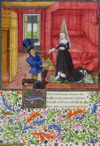 Le scribe dédiant La Teseida à une jeune femme inconnue, de La Teseida, par Giovanni Boccaccio (1313-75) 1340-41 - French School