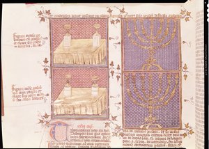 Ms 290 Tome 1 f.89v Table des offrandes et la menorah, des Postilles sur la Bible par Nicolas de Lyre