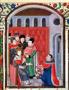 Ms 3045 fol.1 Jean de Meung offrant sa traduction à Philippe le Bel de De Consolatione Philosophiae de Boèce - French School