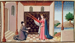 Ms 3045 fol.68v Dame Philosophie offre à Boèce les ailes qui permettront à son esprit de s