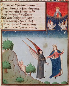 Ms 3045 fol.94r Dame Philosophie conduit Boèce en vol dans le ciel sur les ailes qu