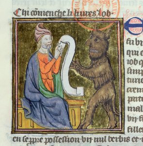 Ms 312 La Tentation de Job par le diable, miniature de la Bible Historiale de Guyart des Moulins