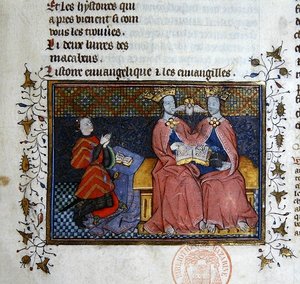 Ms 312 La Trinité et la figure agenouillée du donateur, miniature de la Bible Historiale de Guyart des Moulins