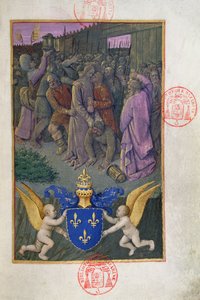 Ms 473 Judas embrassant le Christ, miniature des Heures de Charles de France, vers 1466-69 - French School
