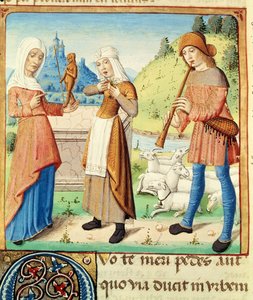 Ms 493 fol.15v Le berger Menalcas et son amour non partagé, des Bucoliques de Virgile avec un commentaire de Servius, 1469