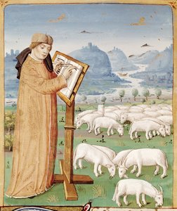 Ms 493 fol.37v Virgile écrivant dans un champ de moutons et de chèvres, des Géorgiques de Virgile (70-19 av. J.-C.) avec commentaire de Servius, 1469