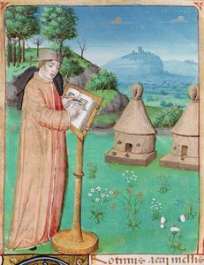 Ms 493 fol.45 Virgile écrivant La Vie des abeilles, des Géorgiques de Virgile avec un commentaire de Servius, 1469