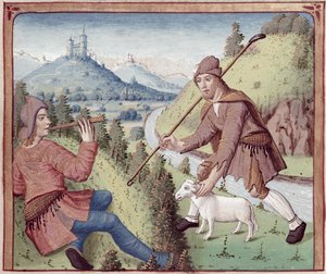 Ms 498 f.3v Tityrus rencontre Meliboeus, des Bucoliques de Virgile avec un commentaire de Servius, 1469