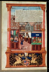 Ms 5062 fol.149v Une rue avec des boutiques et les armoiries de Robert Stuart, maréchal d