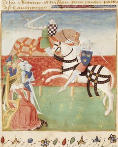 Ms 527 fol.40v Confrontation de deux chevaliers devant le roi, du Roman du Saint Graal - French School